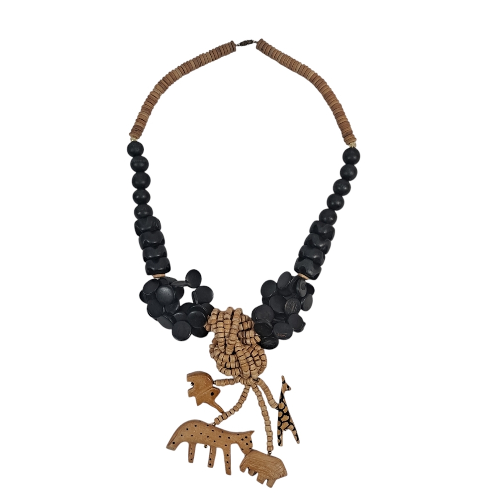 Vintage Wooden Handcrafted Safari African Necklace Twist Clasp 17.5"